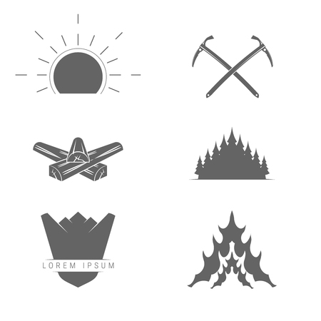 Camping, Outdoor or Mountain Adventure and Forest Expeditions. Alpine Tourism. Vector Design Elements Set for Web Design, Banners, Presentations or Business Cards, Flyers, Brochures and Posters.のイラスト素材