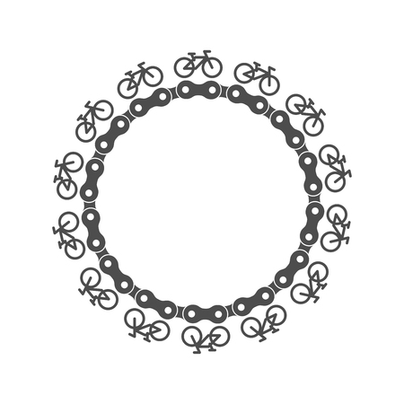 Bike Chain Circle Frame with Simple Bicycle Icons Around. Monochrome Vector Illustration.のイラスト素材