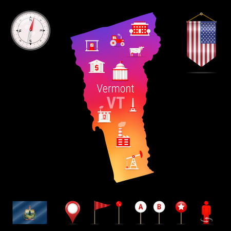 Vermont Vector Map, Night View. Compass Icon, Map Navigation Elements. Pennant Flag of the United States. Vector Flag of Vermont. Various Industries, Economic Geography Icons.のイラスト素材