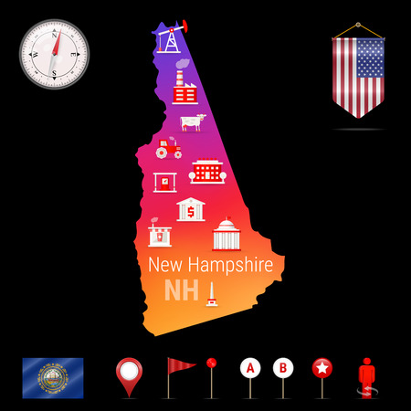 New Hampshire Vector Map, Night View. Compass Icon, Map Navigation Elements. Pennant Flag of the United States. Vector Flag of New Hampshire. Various Industries, Economic Geography Icons.のイラスト素材