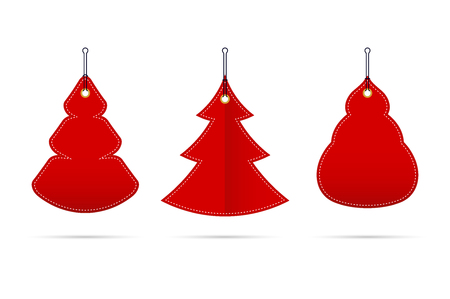 Vector Red Blank Sale Tags in the Form of Christmas Trees of Different Shapes. Merry Christmas, Happy New Year Design Elements for Creating Postcards, Calendars or Posters, Presentations or Banners.のイラスト素材
