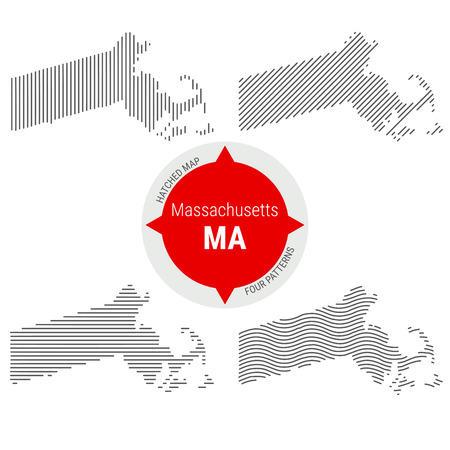 Hatched Pattern Vector Map of Massachusetts. Stylized Simple Silhouette of Massachusetts. Four Different Patterns. Illustration Isolated on White Background.のイラスト素材