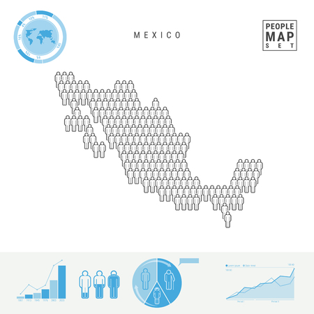 Mexico People Icon Map. People Crowd in the Shape of a Map of Mexico. Stylized Silhouette of Mexico. Population Growth and Aging Infographic Elements. Vector Illustration Isolated on White.のイラスト素材