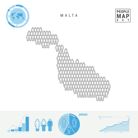 Malta People Icon Map. People Crowd in the Shape of a Map of Malta. Stylized Silhouette of Malta. Population Growth and Aging Infographic Elements. Vector Illustration Isolated on White.のイラスト素材