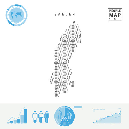 Sweden People Icon Map. People Crowd in the Shape of a Map of Sweden. Stylized Silhouette of Sweden. Population Growth and Aging Infographic Elements. Vector Illustration Isolated on White.のイラスト素材