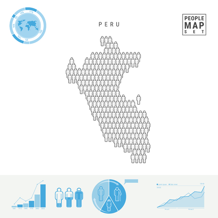 Peru People Icon Map. People Crowd in the Shape of a Map of Peru. Stylized Silhouette of Peru. Population Growth and Aging Infographic Elements. Vector Illustration Isolated on White.のイラスト素材