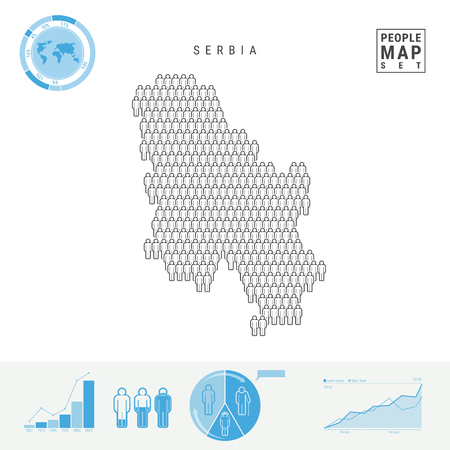 Serbia People Icon Map. People Crowd in the Shape of a Map of Serbia. Stylized Silhouette of Serbia. Population Growth and Aging Infographic Elements. Vector Illustration Isolated on White.のイラスト素材