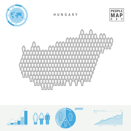 Hungary People Icon Map. People Crowd in the Shape of a Map of Hungary. Stylized Silhouette of Hungary. Population Growth and Aging Infographic Elements. Vector Illustration Isolated on White.のイラスト素材