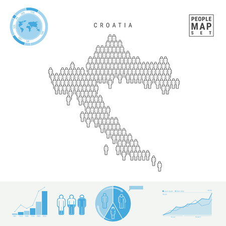 Croatia People Icon Map. People Crowd in the Shape of a Map of Croatia. Stylized Silhouette of Croatia. Population Growth and Aging Infographic Elements. Vector Illustration Isolated on White.のイラスト素材