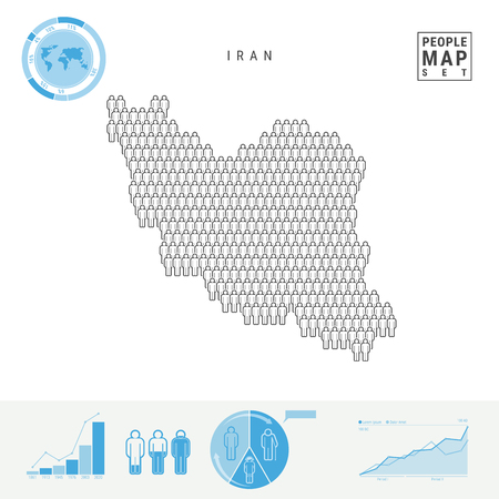 Iran People Icon Map. People Crowd in the Shape of a Map of Iran. Stylized Silhouette of Iran. Population Growth and Aging Infographic Elements. Vector Illustration Isolated on White.のイラスト素材