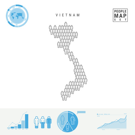 Vietnam People Icon Map. People Crowd in the Shape of a Map of Vietnam. Stylized Silhouette of Vietnam. Population Growth and Aging Infographic Elements. Vector Illustration Isolated on White.のイラスト素材