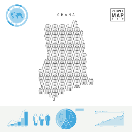 Ghana People Icon Map. People Crowd in the Shape of a Map of Ghana. Stylized Silhouette of Ghana. Population Growth and Aging Infographic Elements. Vector Illustration Isolated on White.のイラスト素材