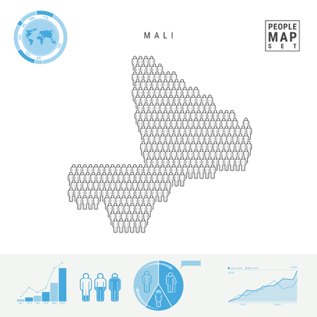 Mali People Icon Map. People Crowd in the Shape of a Map of Mali. Stylized Silhouette of Mali. Population Growth and Aging Infographic Elements. Vector Illustration Isolated on White.のイラスト素材