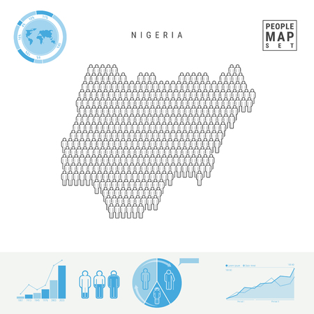 Nigeria People Icon Map. People Crowd in the Shape of a Map of Nigeria. Stylized Silhouette of Nigeria. Population Growth and Aging Infographic Elements. Vector Illustration Isolated on White.のイラスト素材