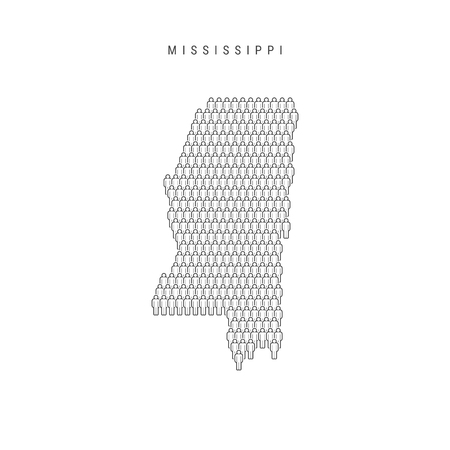 Vector People Map of Mississippi, US State. Stylized Silhouette, People Crowd in the Shape of a Map of Mississippi. Mississippi Population. Illustration Isolated on White Background.のイラスト素材