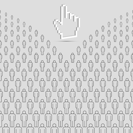 Abstract People Background and 3D Hand Cursor. Groupe of People. Grey Vector People Crowd Made of Simple Line Icons.のイラスト素材