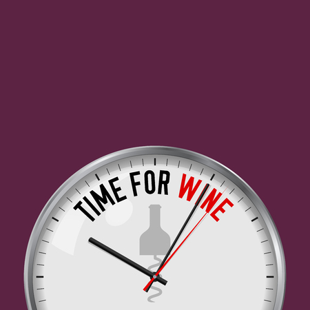 Time for Wine. White Vector Clock with Motivational Slogan. Analog Metal Watch with Glass. Vector Illustration Isolated on Solid Color Background. Bottle and Corkscrew Icon.のイラスト素材