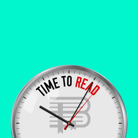 Time to Read. White Vector Clock with Motivational Slogan. Analog Metal Watch with Glass. Vector Illustration Isolated on Solid Color Background. Book, Library Icon.のイラスト素材