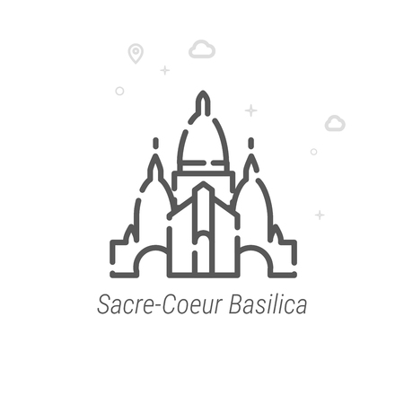 Basilica of the Sacred Heart of Paris Vector Line Icon. Historical Landmarks Symbol, Pictogram, Sign. Abstract Geometric Background. Editable Stroke. Adjust Line Weight. Design with Pixel Perfection.のイラスト素材