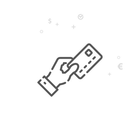 Hand Holding Credit Card Vector Line Icon. Money and Finance Symbol, Pictogram, Sign. Light Abstract Geometric Background. Editable Stroke. Adjust Line Weight. Design with Pixel Perfection.のイラスト素材