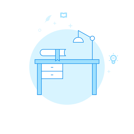Writer's Desk, Workplace Flat Vector Icon. Writing, Authors or Education Illustration. Light Flat Style. Blue Monochrome Design. Editable Stroke. Adjust Line Weight. Design with Pixel Perfection.のイラスト素材