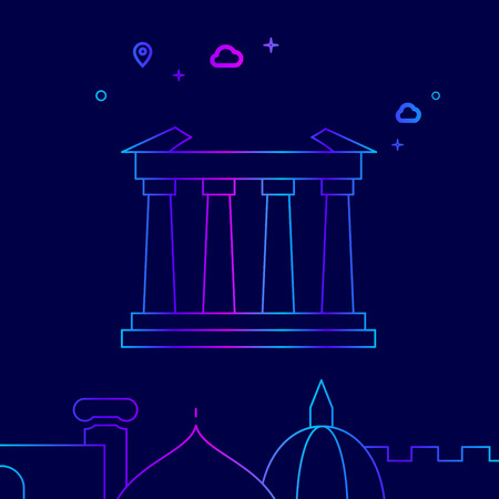 Parthenon, Athens, Greece Vector Line Illustration. Historical Landmarks Gradient Icon, Symbol, Pictogram, Sign. Dark Blue Background. Light Abstract Geometric Background. Related Bottom Borderのイラスト素材