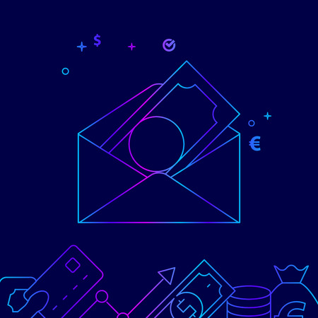 Money Envelope Vector Line Illustration. Money Related Gradient Icon, Symbol, Pictogram, Sign. Dark Blue Background. Light Abstract Geometric Background. Related Bottom Borderのイラスト素材