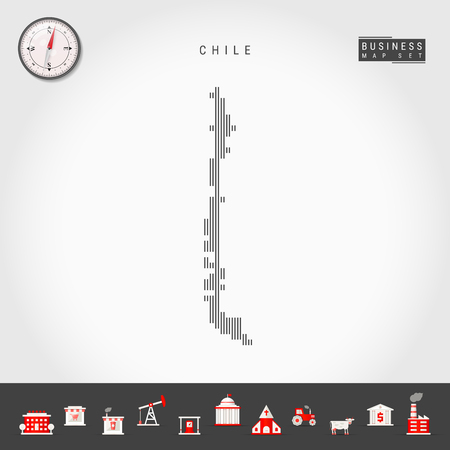 Vector Vertical Lines Map of Chile. Striped Silhouette of Chile. Realistic Compass. Business Iconsのイラスト素材
