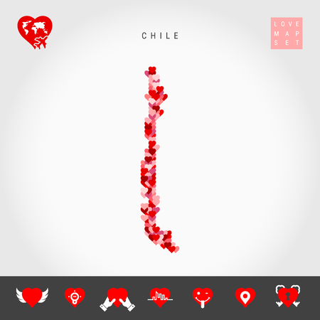 I Love Chile. Red and Pink Hearts Pattern Vector Map of Chile Isolated on Grey Background. Love Icon Set.のイラスト素材