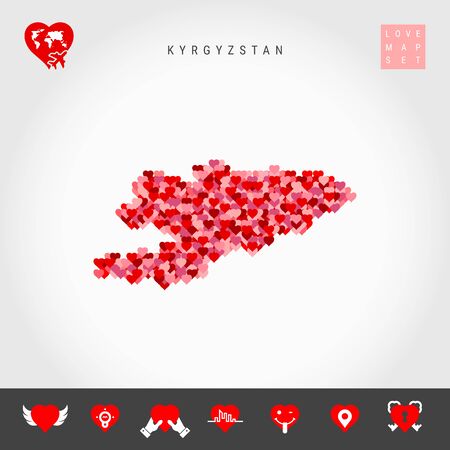 I Love Kyrgyzstan. Red and Pink Hearts Pattern Vector Map of Kyrgyzstan Isolated on Grey Background. Love Icon Set.のイラスト素材