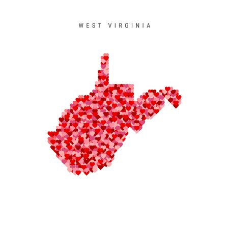 I Love West Virginia. Red and Pink Hearts Pattern Vector Map of West Virginia Isolated on White Background.のイラスト素材