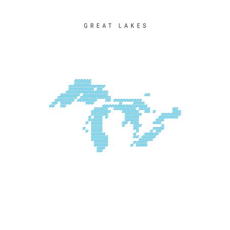 Vector Blue Wave Pattern Map of All the Great Lakes of North America. Wavy Line Pattern Silhouette of the 5 Great Lakesのイラスト素材