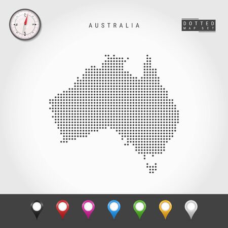Dots Map of Australia. Simple Silhouette of Australia. Realistic Vector Compass. Set of Multicolored Map Markers. Vector Illustration.のイラスト素材