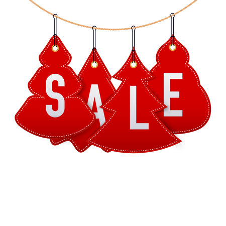 Hanging Simple Christmas Trees. Christmas and New Year Sale Symbols. Background, Template. Christmas Greeting Card. Vector Illustration.のイラスト素材