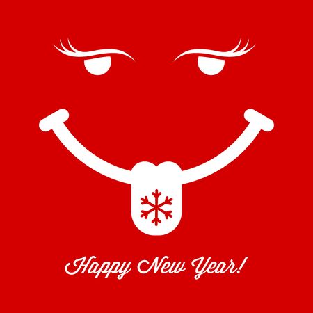Showing Tongue Smiling Face on Red Background. Christmas and New Year Greeting Card Cover. Background, Template. Vector Illustration.のイラスト素材
