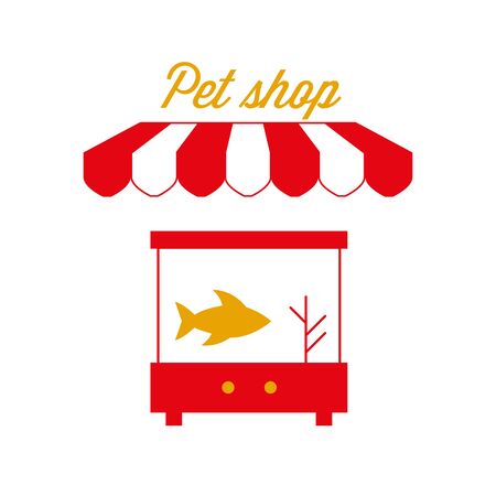 Pet Shop Sign, Emblem. Red and White Striped Awning Tent. Aquarium Fish. Gold and Red Colors. Flat Vector Illustration.のイラスト素材