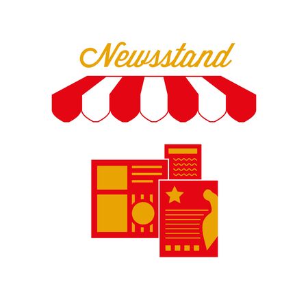 Newsstand Kiosk Street Stand Sign, Emblem. Red and White Striped Awning Tent. Newspapers and Magazines. Gold and Red Colors. Flat Vector Illustration.のイラスト素材