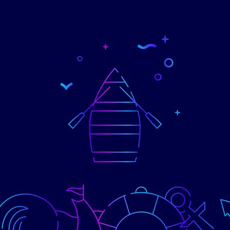 Wooden rowing boat vector gradient line icon, illustration, symbol or pictogram, sign. Dark blue background. Related bottom border.のイラスト素材