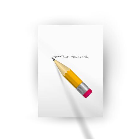 Realistic wooden pencil writes on a piece of paper. Sharpened detailed pencil, vector illustration.のイラスト素材