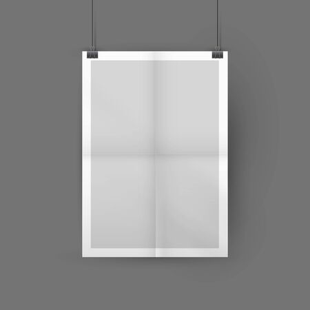 Blank folded vector poster mockup hanging on binder, placed in interior. Grey wall and paper sheet folded in four. Layout, vertical template. Soft shadows.のイラスト素材