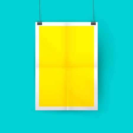 Yellow paper sheet folded in four. Vertical poster mockup hanging on paper clips. Vector illustration. Blue wall background.のイラスト素材