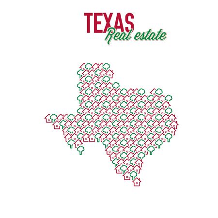 Texas real estate properties map. Text design. Texas US state realty creative concept. Icons of houses with gardens in the shape of a map of Texas. Vector illustration.のイラスト素材