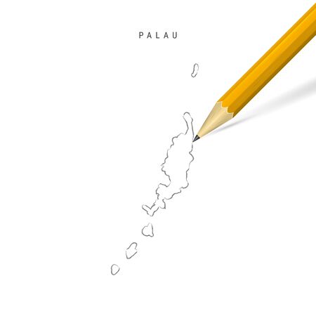 Palau sketch outline map isolated on white background. Empty hand drawn vector map of Palau. Realistic 3D pencil with soft shadow.のイラスト素材