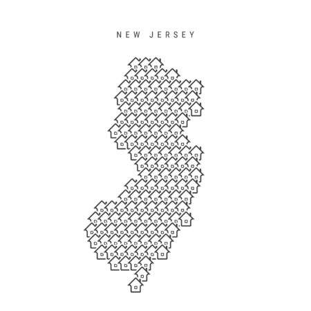 New Jersey real estate property map. Icons of houses in the shape of a map of New Jersey. Creative concept for a real estate agency. Vector illustration.のイラスト素材