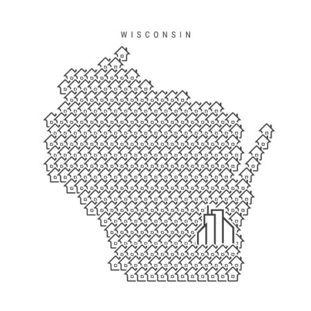 Wisconsin real estate property map. Icons of houses in the shape of a map of Wisconsin. Creative concept for a real estate agency. Vector illustration.のイラスト素材