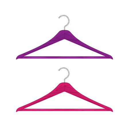 Realistic wooden clothes hanger set isolated on white. Saturated pink and purple hangers. Vector illustration.のイラスト素材