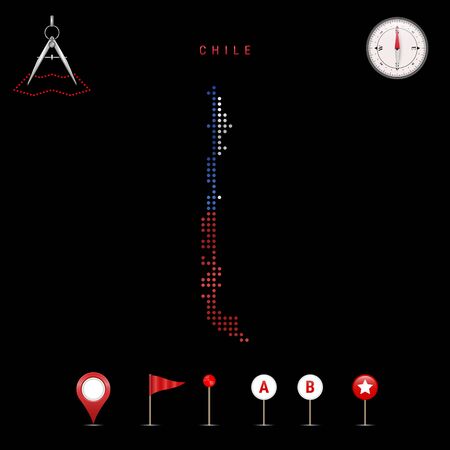 Dotted map of Chile painted in the colors of the national flag of Chile. Waving flag effect. Map tools, set of cartographic icons. Vector illustrationのイラスト素材