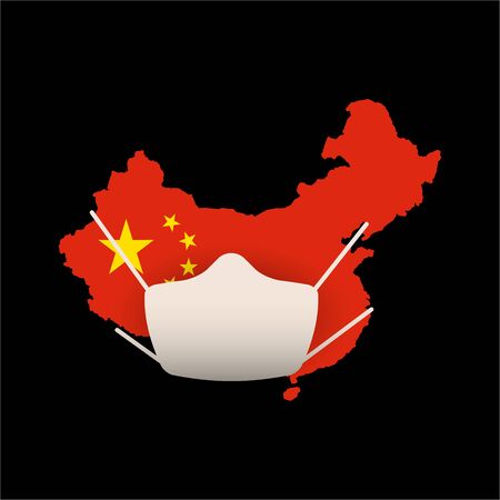 Quarantined China, China on quarantine concept. China map in national flag colors, a white medical mask is worn. Vector illustration.のイラスト素材