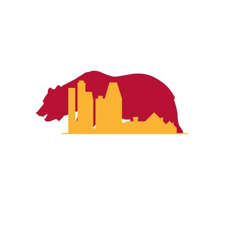 California real estate vector icon. City skyline, skyscrapers and suburbs silhouette and californian grizzly bear. Branding idea, business card emblem.のイラスト素材