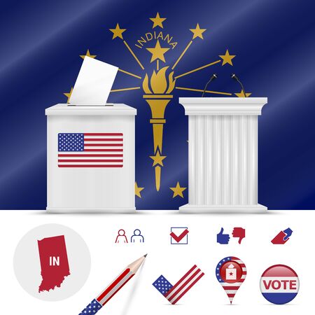 Presidential elections in Indiana. Vector waving flag, realistic ballot box, public speaker's podium, silhouette map and voting icon set.のイラスト素材